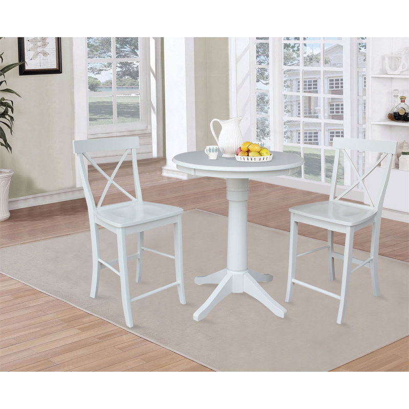 Ensemble de salle à manger en bois massif à hauteur de comptoir 3 pièces Dorchen, H 35,9 po x L 30 po x l 30 po, Blanc