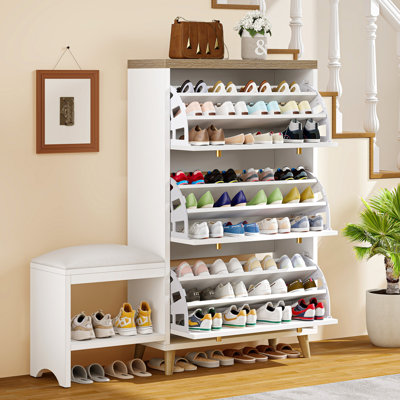 Modern Narrow Hidden Shoe Storage Cabinet Organizer With Bench For Entryway With 3 Flip Drawer