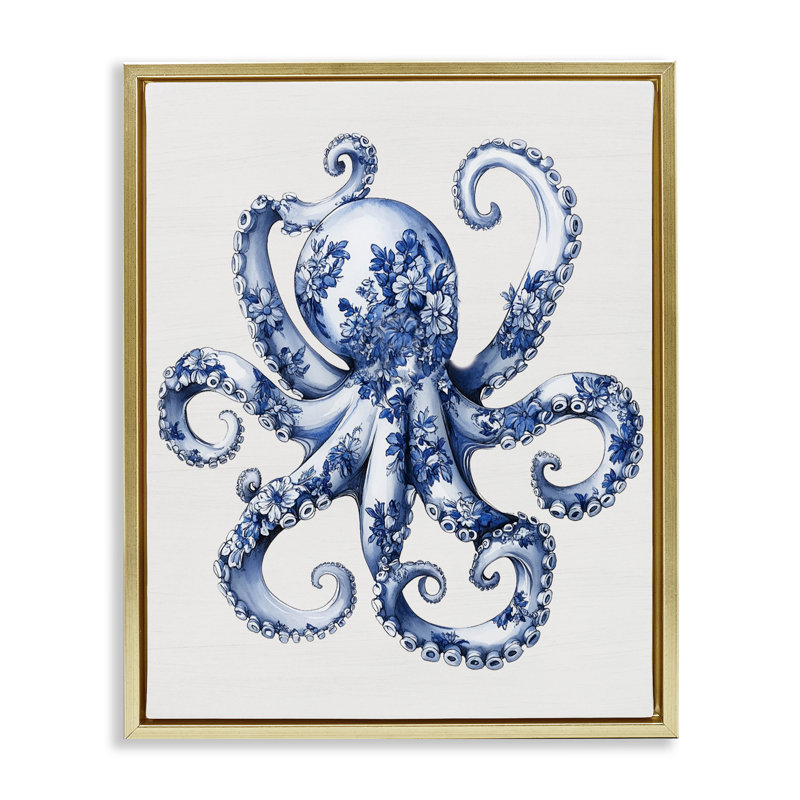 Cadre flottant Funky Toile, pieuvre, H 31 po x l 25 po, Cadre flottant métallique doré