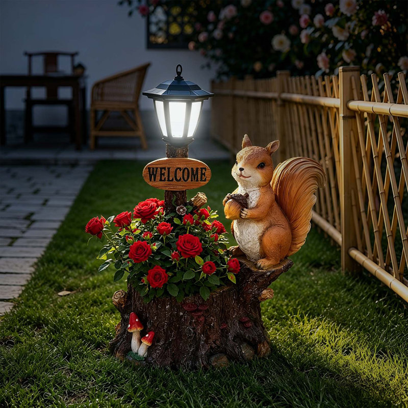 Mignon pot de fleurs écureuil avec lanterne décorative - figurine en polyrésine pour l'extérieur