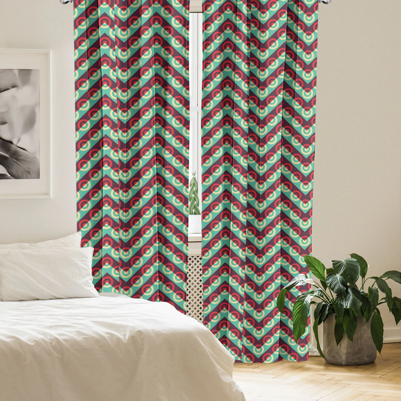 Retro Geometric Maroon and Sea Green Polyester Curtain Panels