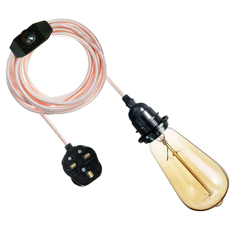 Farrier Ceiling Pendant Fitting, E27 Lamp Holder 2M Plug In Pendant Light Cord, Fabric Cable 3 Pin Plug In With On/Off Switch Lighting Kit