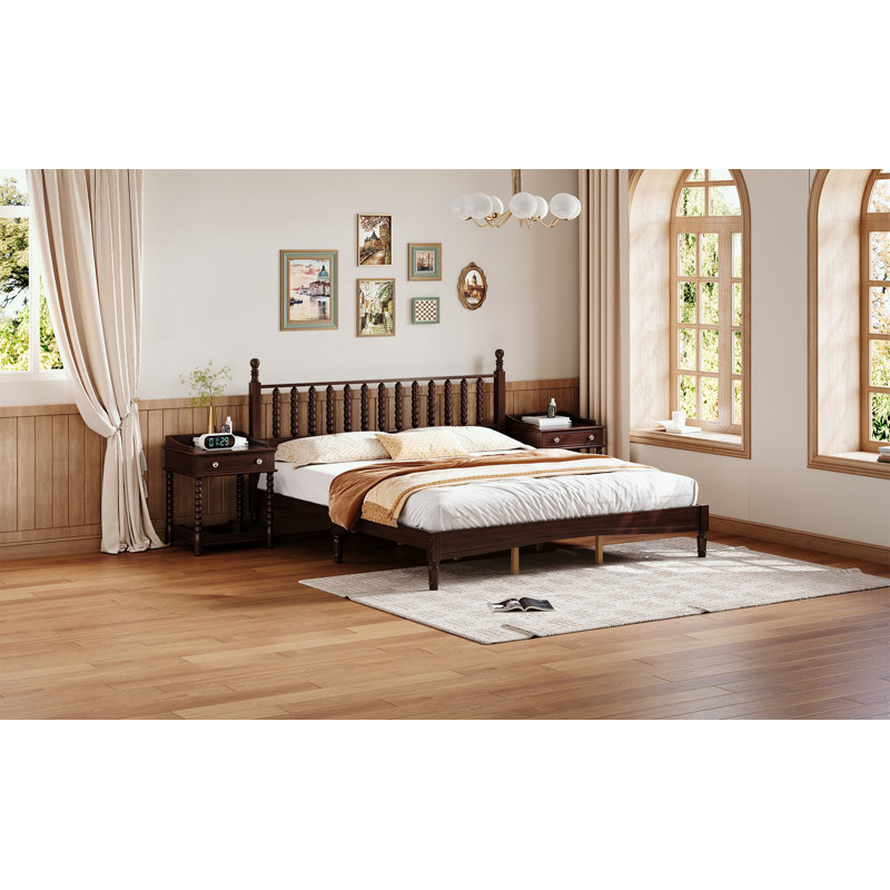 Très grand lit plateforme en bois avec tête de lit en forme de gourde, Très grand, Walnut