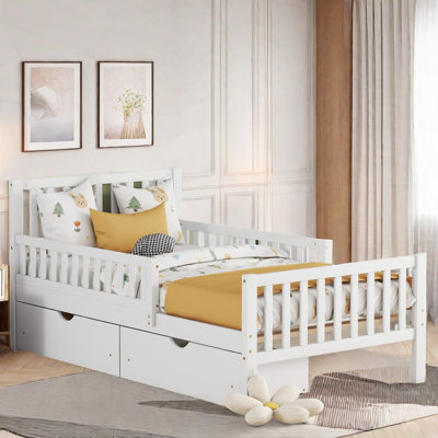 Platform Bed With Guardrails On Both Sides And Two Storage Drawers