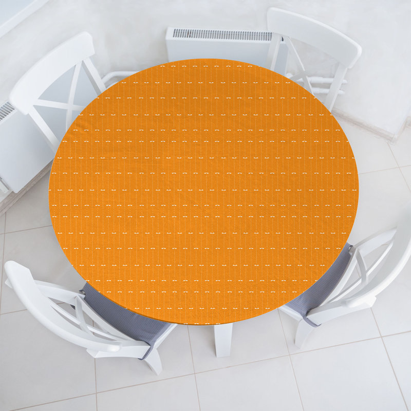 Ebern Designs Abstract Fitted Round Tablecloth Orange and White, 64.17" Round