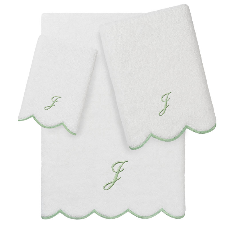  Ensemble de serviettes personnalisées 100% coton ADORNIA, J, Blanc/vert, Ensemble 3 serviettes de bain