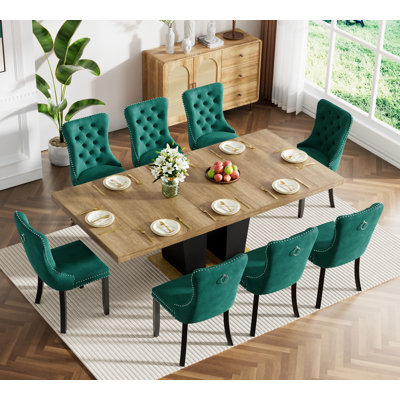 62.99" -78.74" Extendable Dining Table Set, Black&Brown Dining Room Table & Velvet Dining Chairs with Wood Leg, Rustic Kitchen Dining Table and Chairs Set, Modern Dining Table Set