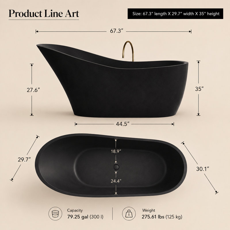 67.3'' L Soaking Bathtub, Black