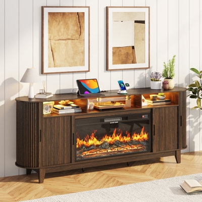 Modern 80 Inch Entertainment Center with Fireplace, Charging Station & Storage,LED Lights