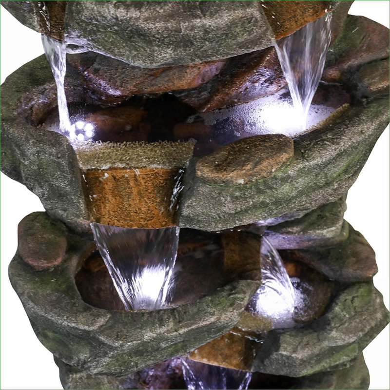 Fountains 40.5" 6-Tier Slate Gray LED Rock Fountain, Weatherproof for Patio Garden Indoor Foyer | Gray | Rock Fountain