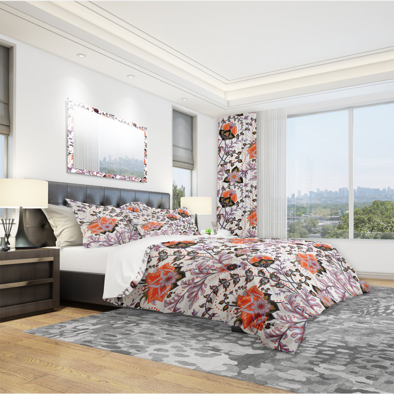 Pattern, Vintage Decorative Elements - Floral Eclectic Duvet Cover Set - Microfiber Polyester, King Duvet Cover + 2 Shams