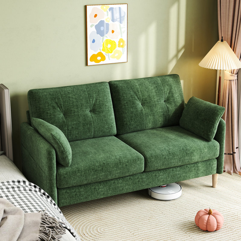 George 62’’ Chenille Tufted Loveseat Sofa with 2 Pillows And Storage Pockets Couches, Green