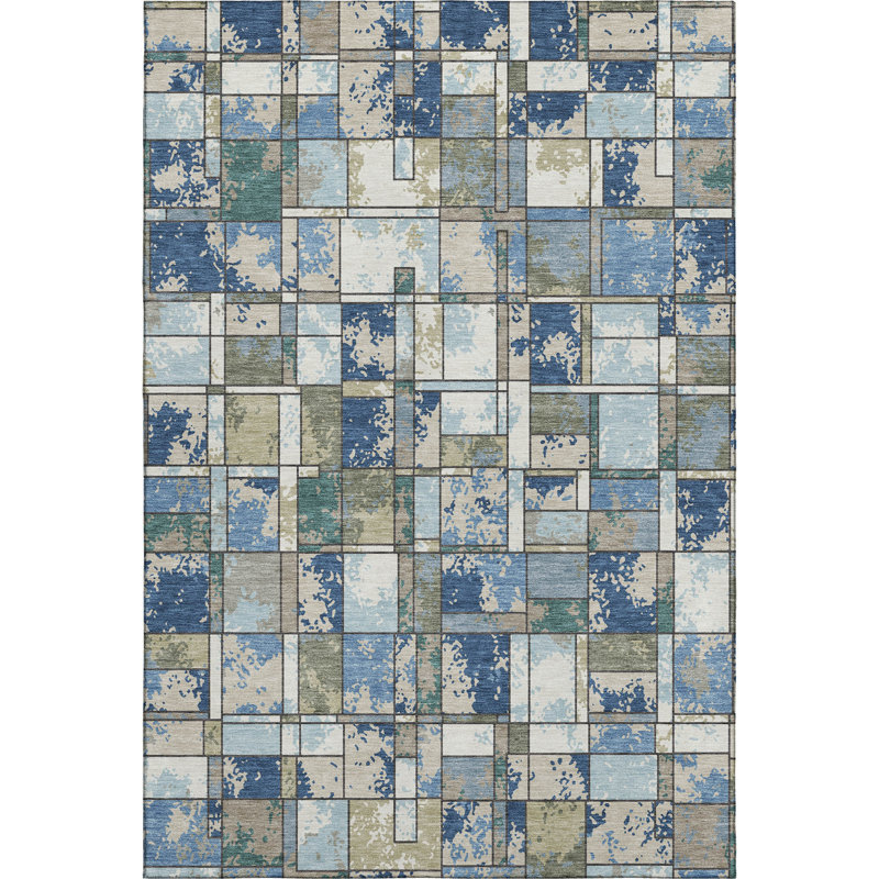 Tapis géométrique de qualité supérieure lavable à la machine Mayfield AMF2442, Bleu, 9 pi x 12 pi