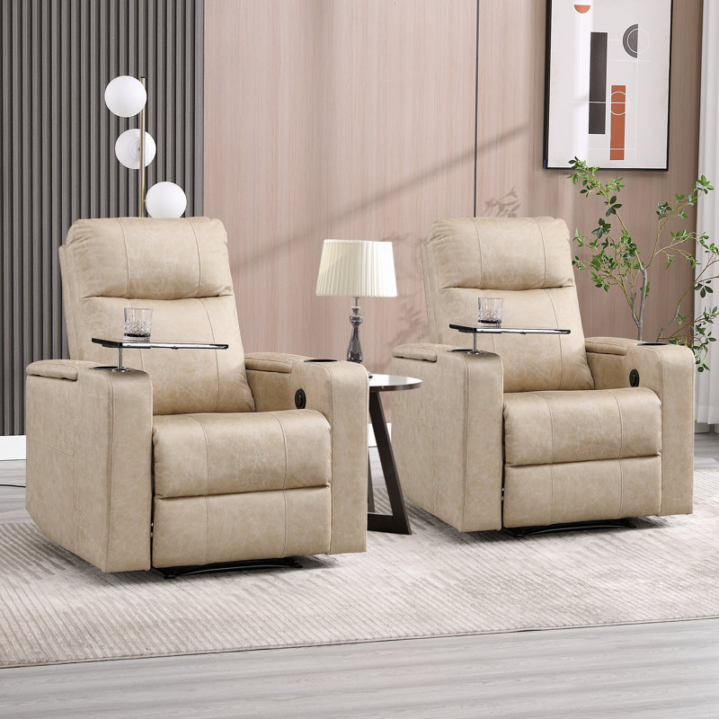 Ryat 33.1'' Wide Modern Faux Leather Power Recliner with Arm Table and Cupholders (Set of 2), Beige