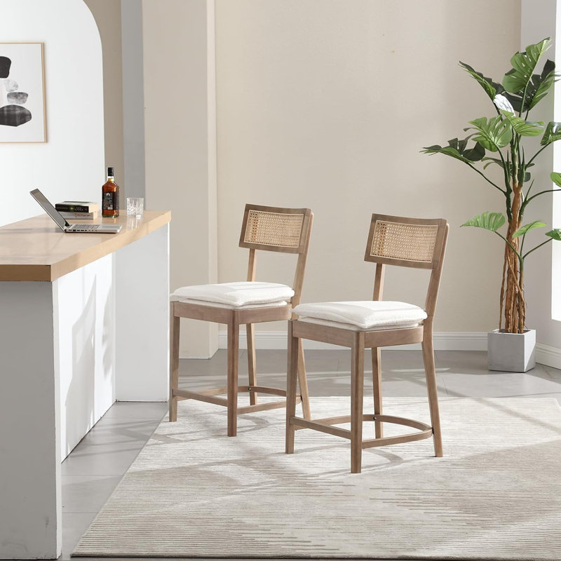 26" Sherpa White Counter Height Bar Stools Set Of 2, Beige