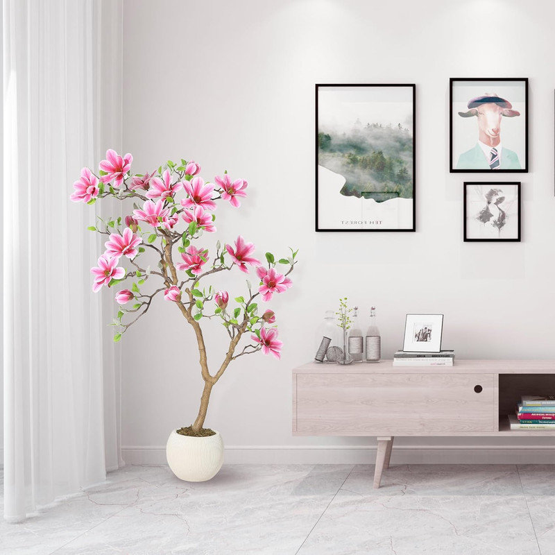 4 magnolias artificiels avec de véritables feuilles de contact et des fleurs en soie pour l'intérieur et l'extérieur