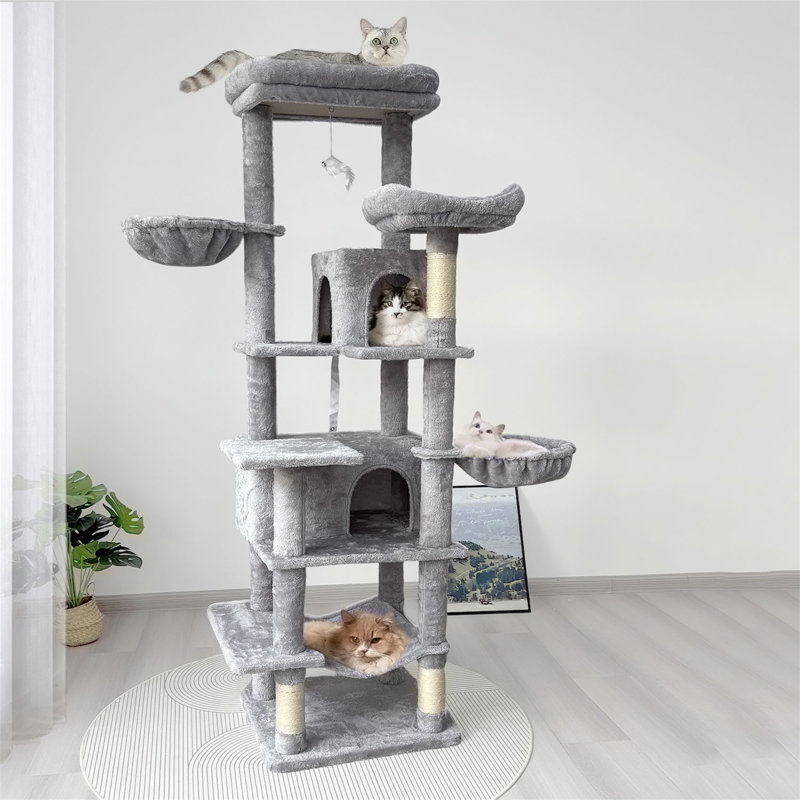 Tour pour chat à plusieurs niveaux avec hamacs, panier suspendu, grotte pour chat, coussin amovible et poteaux à griffes