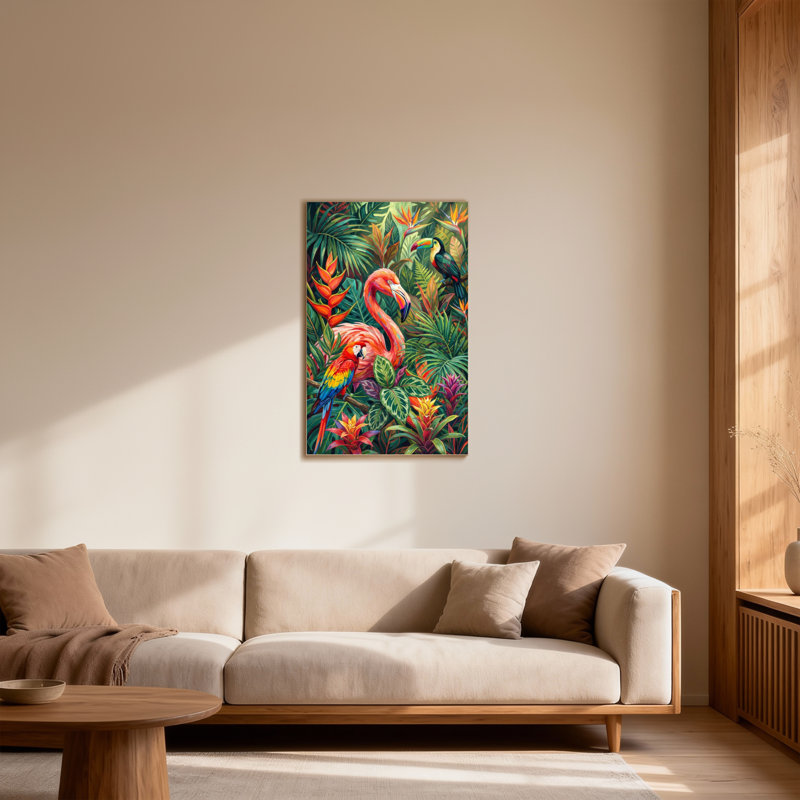 Animaux, oiseaux tropicaux et motif de feuillage luxuriant, H 12 po x l 18 po