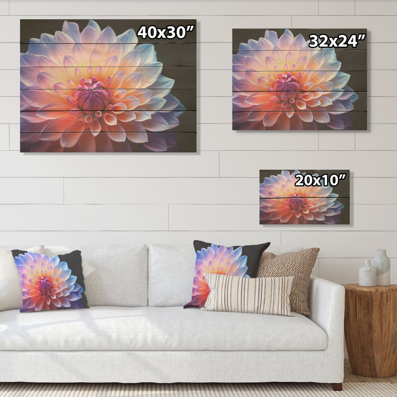 Dahlia rose étreinte efflorescente - art mural en bois de dahlia sur bois de pin naturel, H 30 po x l 40 po