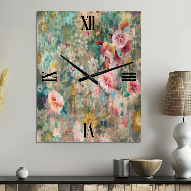 Flower Shower III - Floral  Metal Wall Clock, Small