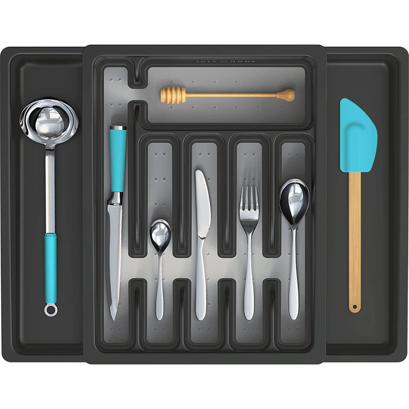 Organisateur de tiroir de cuisine en plastique - Range-ustensiles extensible avec porte-ustensiles et plateau à ustensiles
