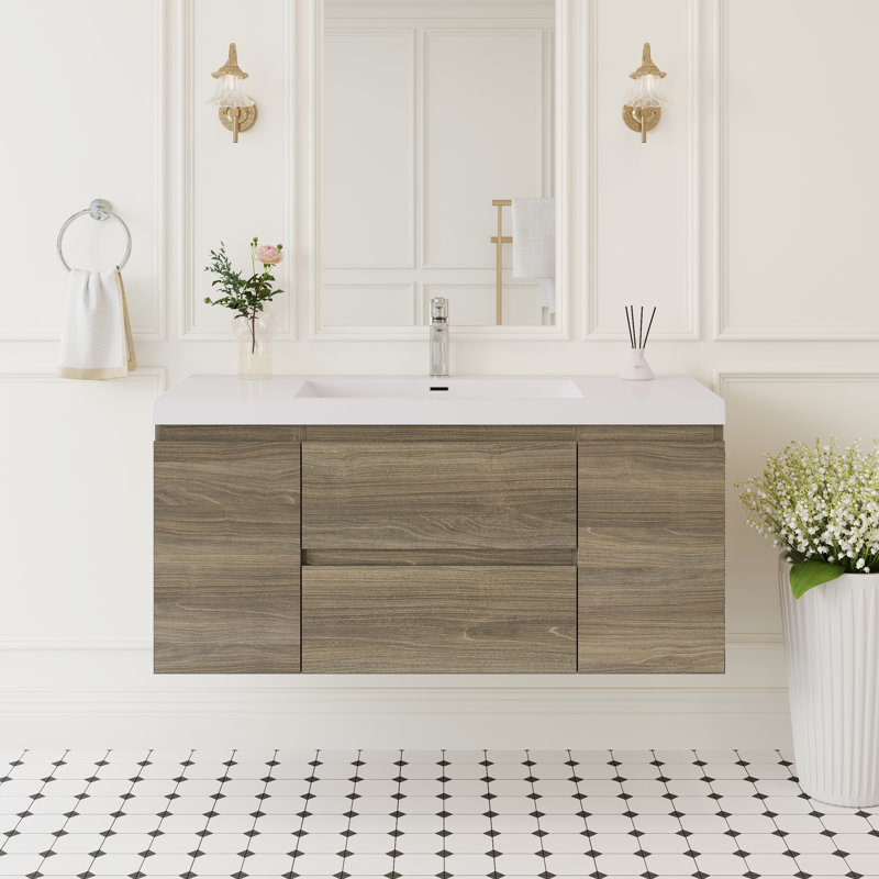 Armoire de salle de bain flottante murale moderne entièrement assemblée de 48 po avec lavabo à surface solide et tiroirs à fermeture en douceur avec lavabo