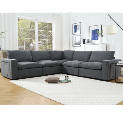 Modern Sofa[NEW ARRIVED] [VIDEO PROVIDED]Sectional Couches For ,Modular Couch,Wireless Charging Port & Cup Holders,5-seat ,DIY Combination,L-shaped Sofa,Book Storage Space,Soft Linen Fabric,