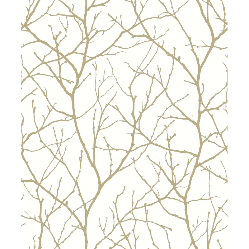 Trees Silhouette Floral Metallic Wallpaper Roll, White/Gold
