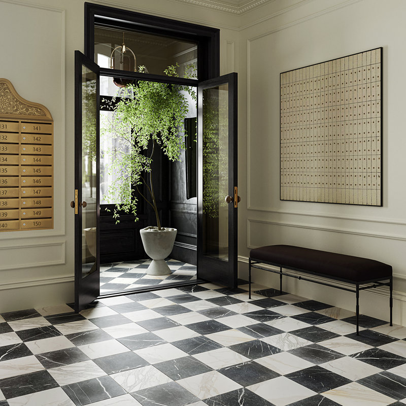 Avanti 12 in. x 12 in. Tumbled Marble Checkerboard 12 in. x 12 in. Polished Marble Tile, Nero and Calacatta Gold