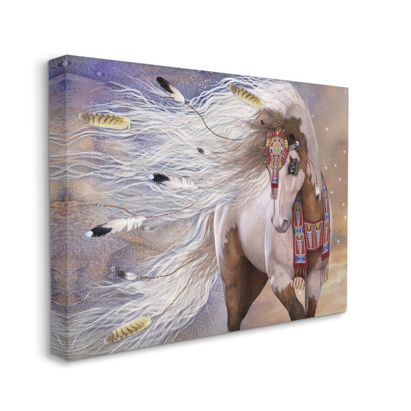 Cheval avec des plumes sur toile par Laurie Prindle, H 36 po x l 48 po x P 1,5 po