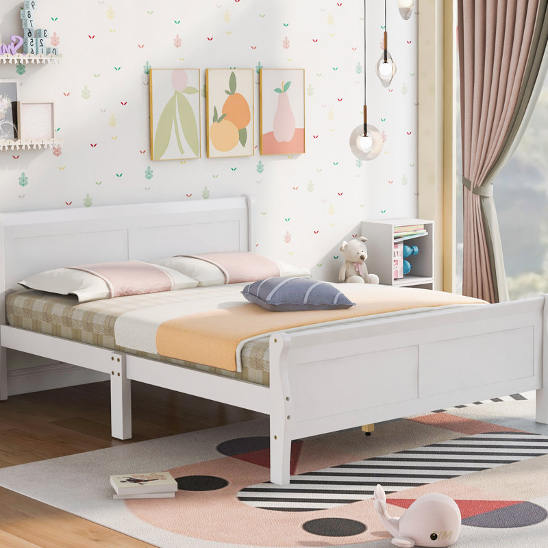 Lit plateforme en bois avec tête de lit et support à lattes en bois (lit), Lit double, White