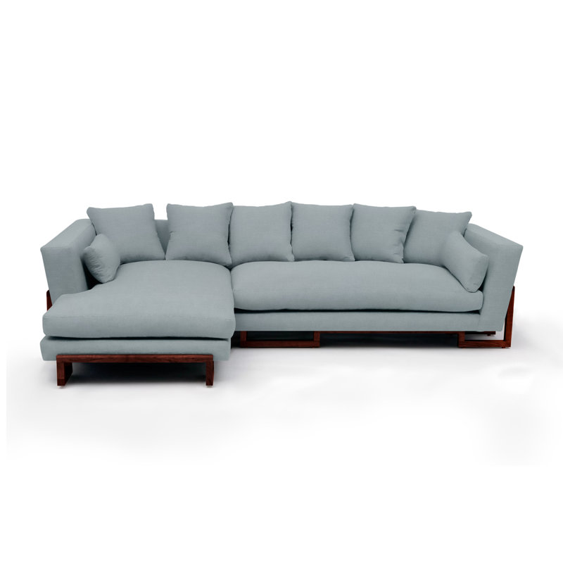 LRG Upholstered L-Shaped Sectional Left Hand Facing, Foam Linen Blend, Left Side Tray, Solid Walnut