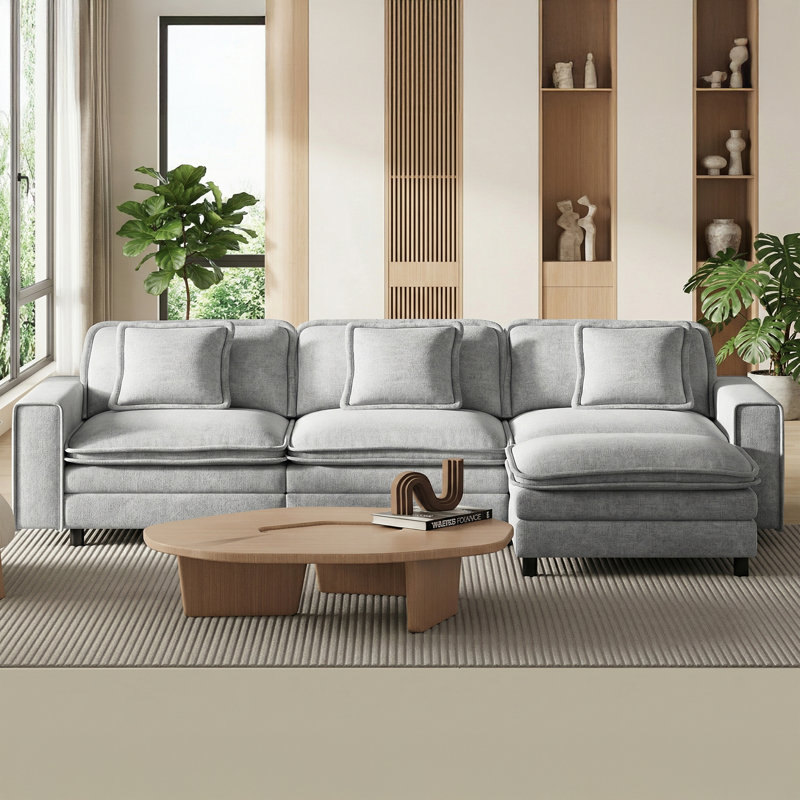 106" Wide Solid Wood Frame L-Shape Upholstered Sectional Sofa With Ottoman, Oversized 3-Seat Comfortable Living Room Couch
