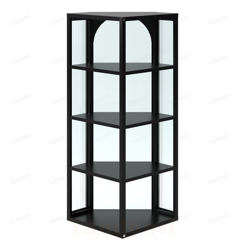 Glass Door Wall Mounted Corner Cabinet with Featuring Four-tier Storage, Noir