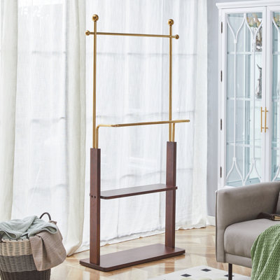 Portemanteaux double épaisseur en acier inoxydable doré et bois de noyer massif de 68,9 pouces de hauteur avec armoire à usages multiples