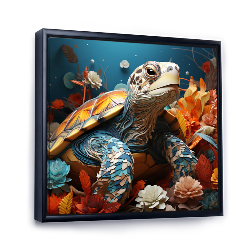 Turtle Journey Coral, impression géométrique sur toile encadrée, H 16 po x l 16 po, Cadre flottant noir
