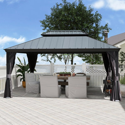 10'x14' Hardtop Gazebo with Resin Roof, Outdoor Metal Gazebo with Drainage Gutters, Permanent Heavy Duty Pavilion for Patio, Backyard and Deck, Curtains and Mosquito Netting Included