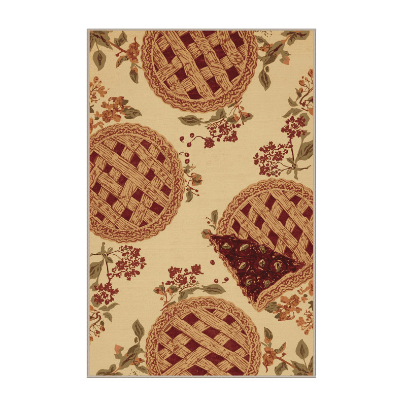 Machine Washable Kirkwood Pie Apple Cherry Vintage Block Print Rug in Brown – Beige Binding, 5x8