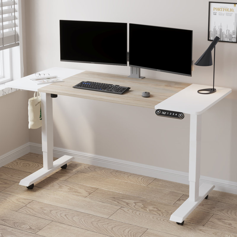 Bureau debout à hauteur réglable électrique Fanchon, H 45 po x l 55 po x P 24 po, Chêne / Blanc