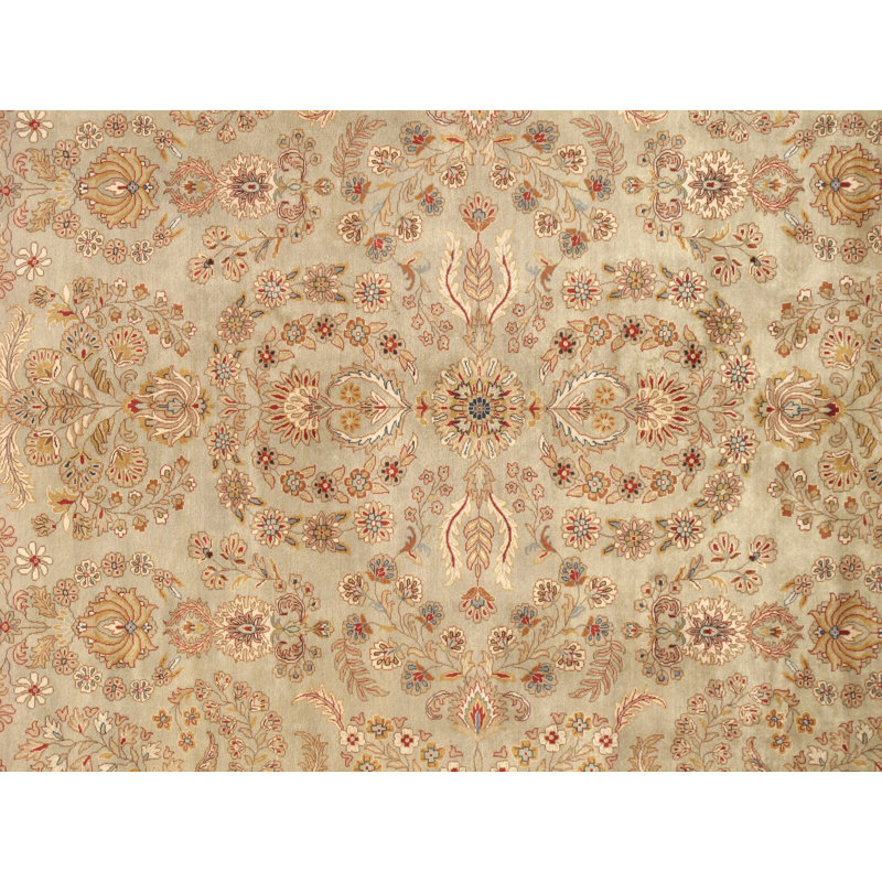 Baku Oriental Hand-Knotted Wool Light Green/Ivory/Brown Area Rug, Rectangle 7'10" x 9'10"