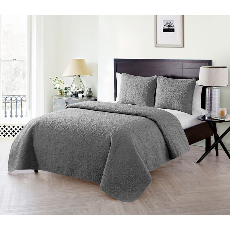 Taupe Full Microfiber Floral Embossed Quilt Set