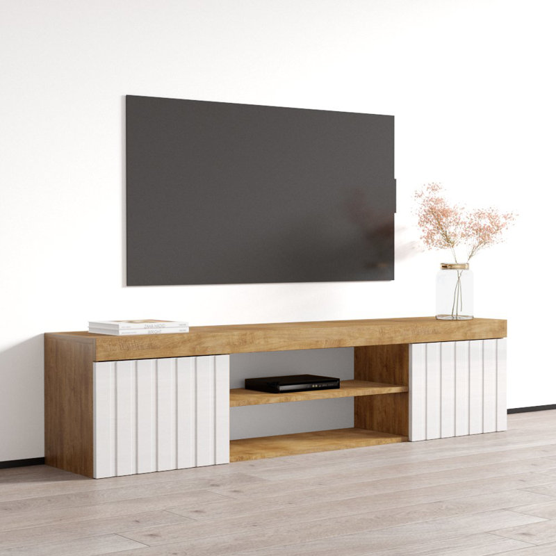 70.9" Modern TV Stand with High Gloss Finish, Oak/White