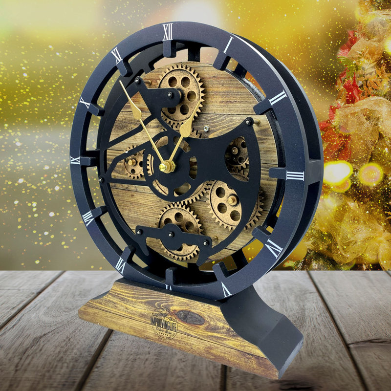 Desk wooden Clock Round 10 inches with Real Moving Gears (Transformable into a Wall Clock - detachable base) Canada Collection