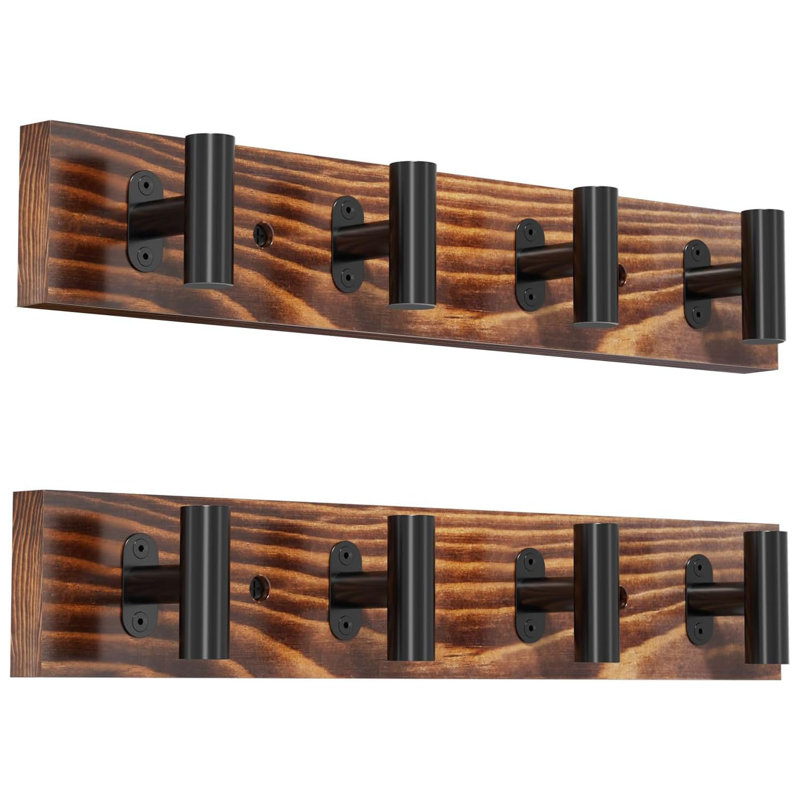 Ensemble de 2 portemanteaux mural en bois de pin massif rustique 32,3 po - 8 crochets noirs robustes en forme de T pour le vestibule / salon / salle de bain