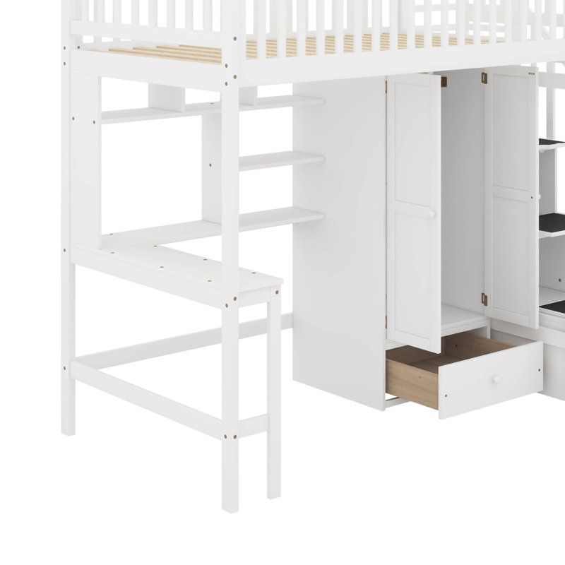 Lit mezzanine simple avec bibliothèque, tiroirs, bureau et garde-robe, Blanc