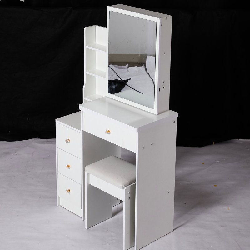 Petite coiffeuse gauche avec tabouret rembourré, grand miroir coulissant, rangement multicouche, commode haute capacité pour les espaces restreints, espace de construction blanc - table de chevet, avec tabouret et grand