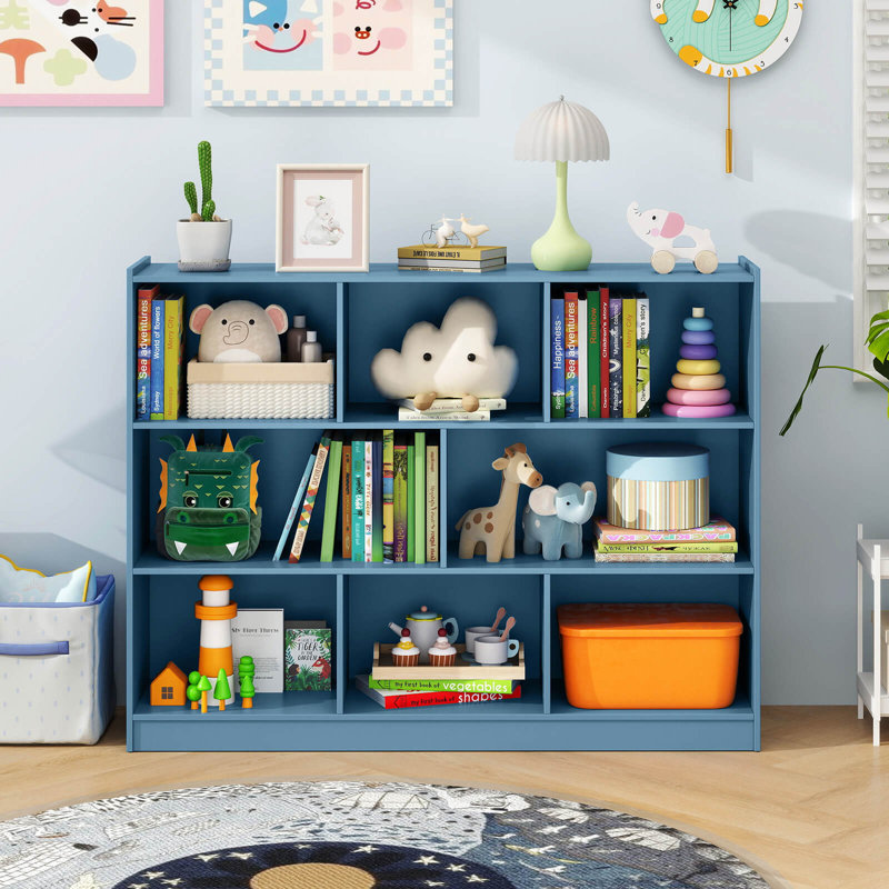 8 Cube 3-tier Open Wooden Bookshelf Toy Storage Organizer With Anti-toppling Kits, Blue