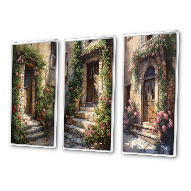 "Village porte remplie de fleurs" 3 pièces sur toile, Cadre flottant blanc, H 32 po x l 48 po