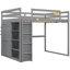 Lit mezzanine double en bois avec garde-robe, tablettes, luminaire suspendu à DEL et tablettes de taille grise
