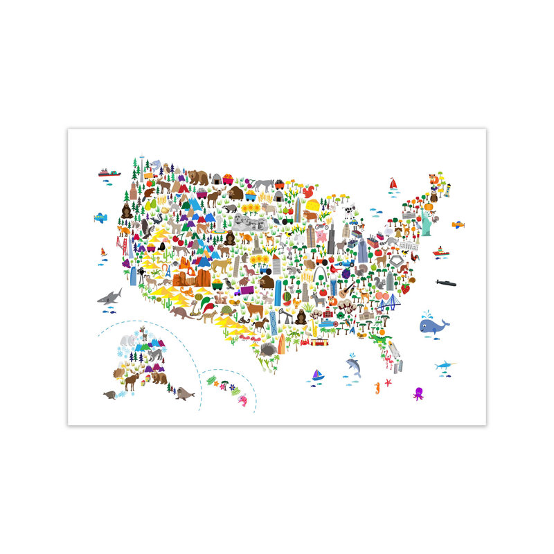 Animal Map of United States Nursery by Michael Tompsett - 1 Piece Wall Art, 21cm H x 30cm W x 1cm D, Unframed